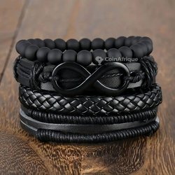 Bracelet en cuire à perles noir vintage pour hommes